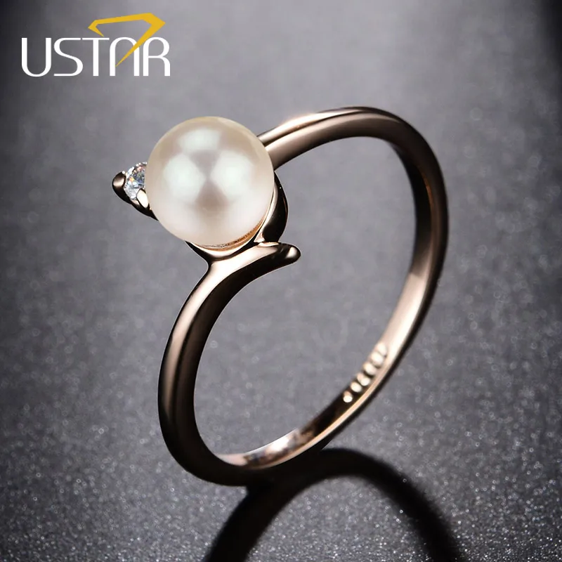 USTAR Vytvorené pearl snubné Prstene pre ženy Šperky s AAA Cubic Zirconia Rose gold color crystal zásnubné prstene žena Anel