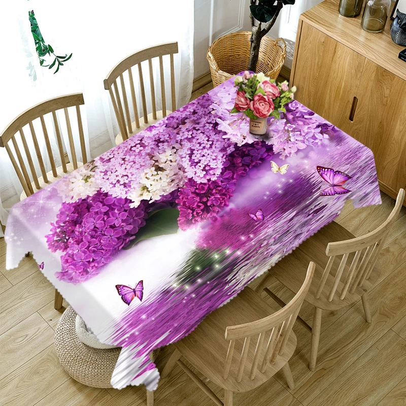 Vlastné Polyester 3D Obrus Fialové Fialové Kvety Vzor Prachotesný Zahustiť Jedálenský stôl handričkou Party Dekorácie, bytový textil