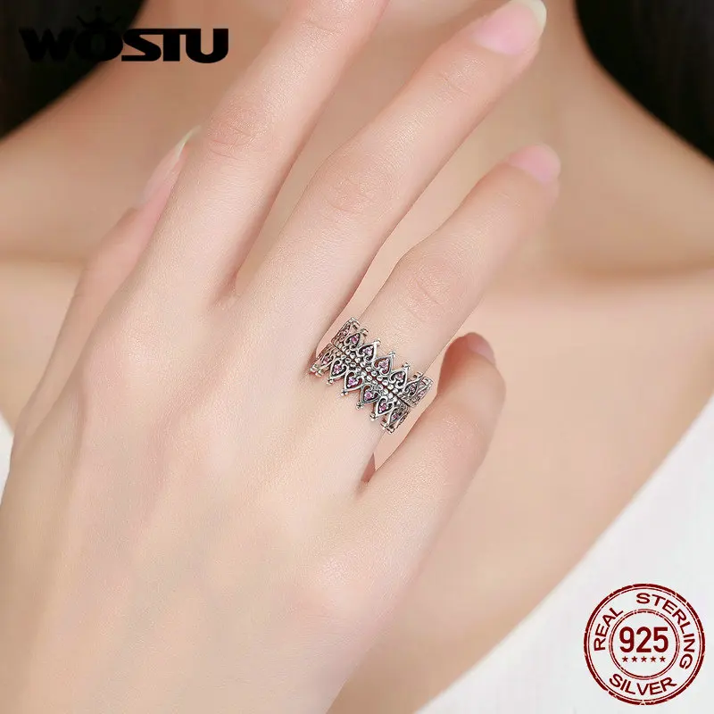 WOSTU 925 Sterling Silver Romantický Stohovateľné Koruny Srdce Ružové CZ Prstene pre Ženy Jemné Strieborné Šperky Anel Darček DXR257