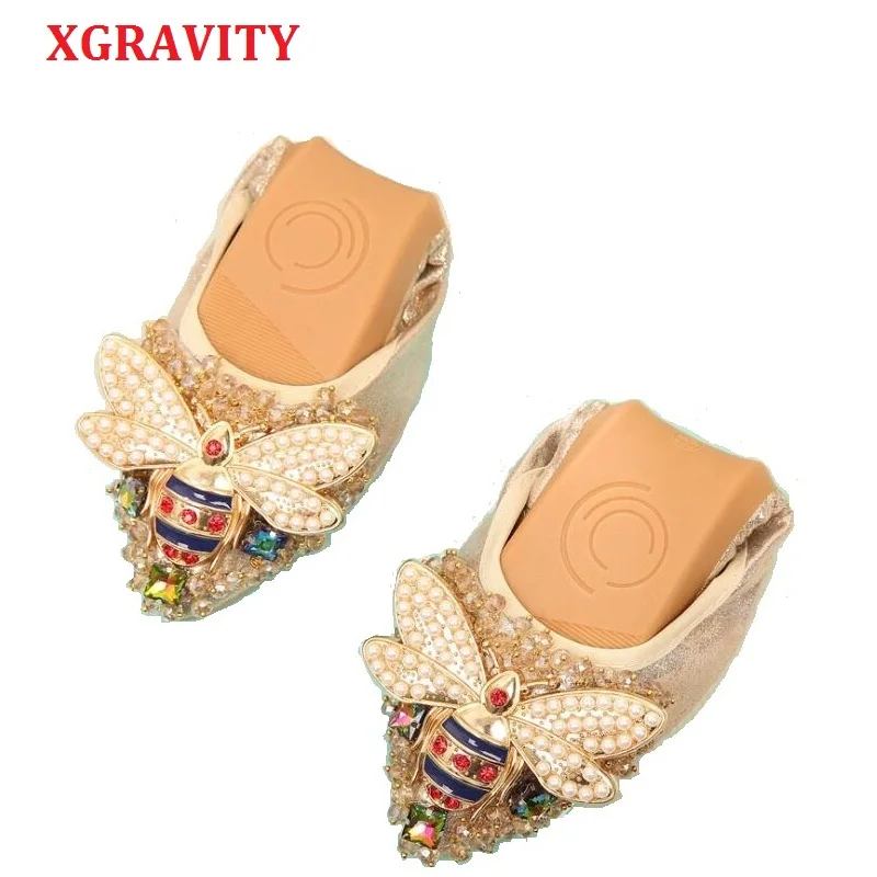 XGRAVITY Plus Veľkosť Dizajnér Crystal Žena Ploché Topánky, Elegantné, Pohodlné Pani Móda Drahokamu Ženy Mäkké Včely Topánky A031-1