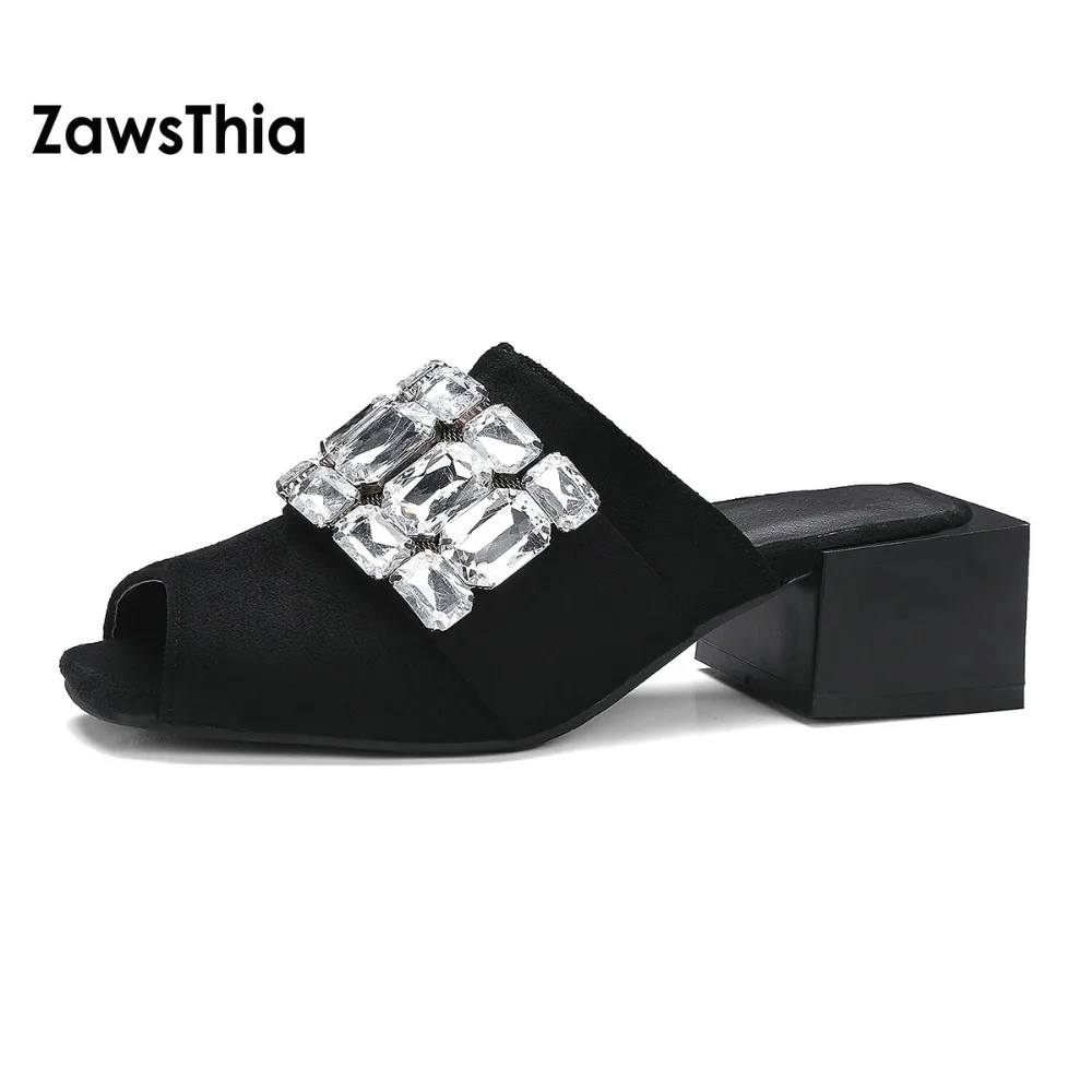 ZawsThia 2018 letné nový robustný námestie vysoké podpätky list papuče žena crystal tkaných ženy sklzu na topánky extra plus veľkosť 46 48