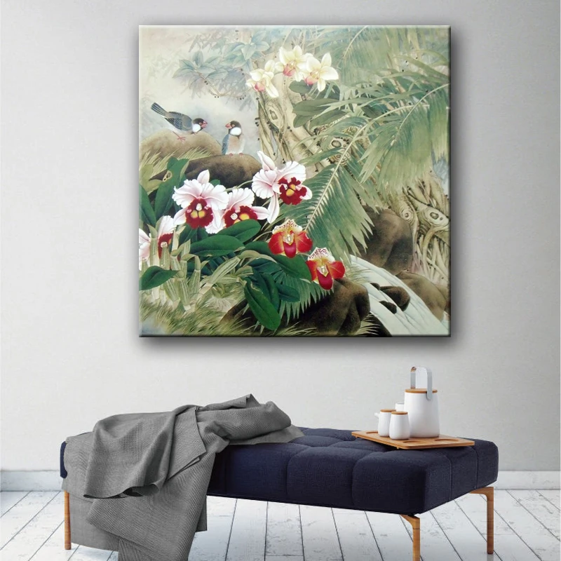 Čínsky štýl, kvet vtákov rockery scenérie plátno potlače olejomaľba tlačené na plátno domov wall art decoration obrázok