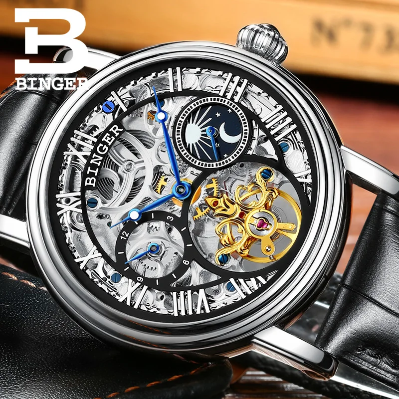 Švajčiarsko BINGER hodinky mužov luxusné značky Tourbillon Relogio Masculino vode odolné Mechanické náramkové hodinky B-1171-3