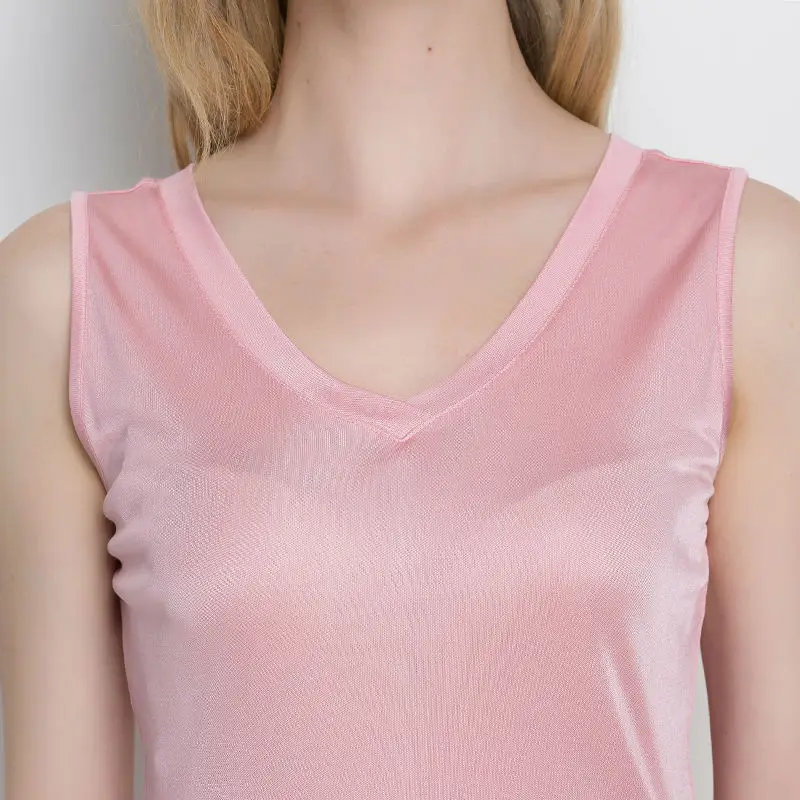 Ženy tank topy Prírodný hodváb pevné základné V neck vesta 2017 Leto bez rukávov hodváb top Black Pink White