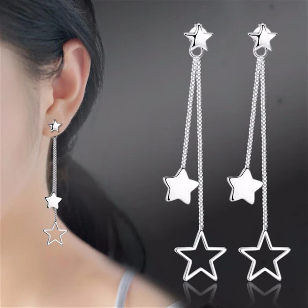 Žien obľúbené strieborné šperky prehnané fringe náušnice dievčatá ucho geometrický ornament star visí v dlhej časti 60mm