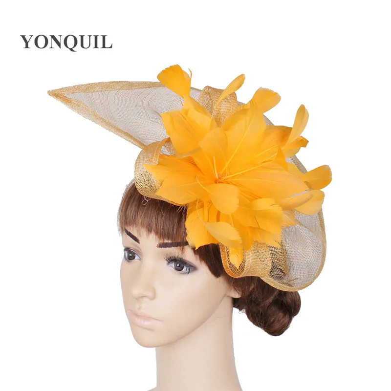 Žltá alebo Viac farieb sinamay fascinator vlasy príslušenstvo s pierko hairbands dekoratívne ženy, svadobné DIY sponky do vlasov