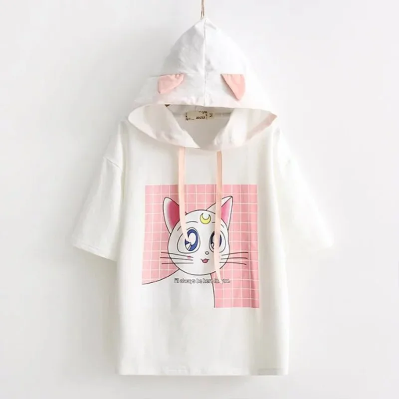 2017 Letné Japonské HARAJUKU Sailor moon Mačka Tlače Kawaii Kapucňou Short-sleeve T-shirt Ženy Bavlna Roztomilý Módne Topy Biela Ružová