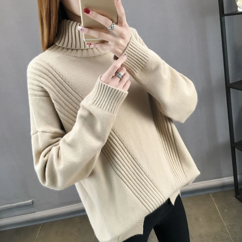 2018 Jeseň zima voľné vysoký golier pulóvre sveter bežné veľké ženy veľkosti Topy farbou krátke pletené svetre šaty