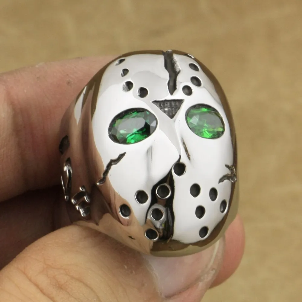 316L Nerezovej Ocele Halloween Jason Maska Hokej Zelený CZ Oči Mens Krúžok 3F201A