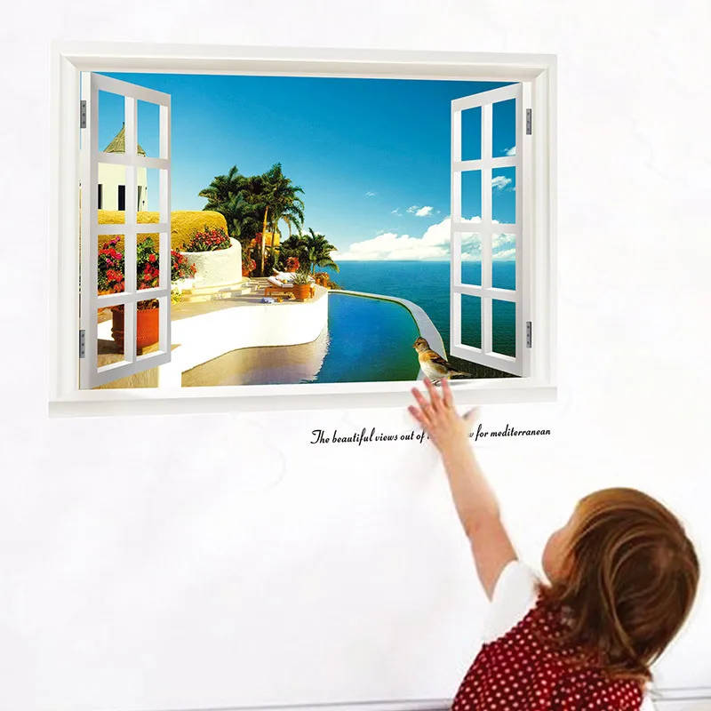 3D Falošné Okno Samolepky na Stenu Domova Obývacia Izba Seascape Stenu Vinyl Umenie Nálepky Vymeniteľné