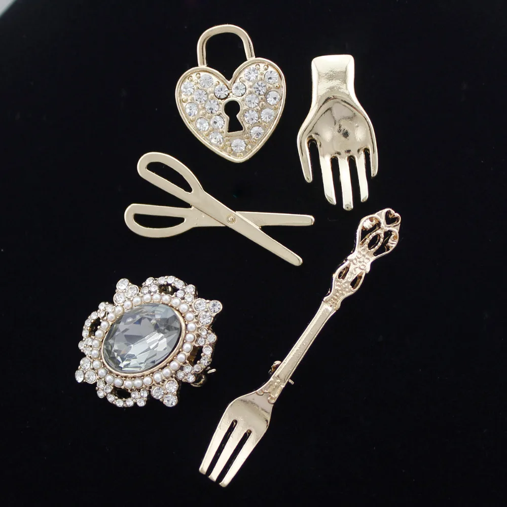 5 ks v 1 Sada Art Nouveau Nožnice, Vidličku Srdci Crystal Palm Zlato Klope Brošňa Pripnúť Odznak Ženy Darček Šperky