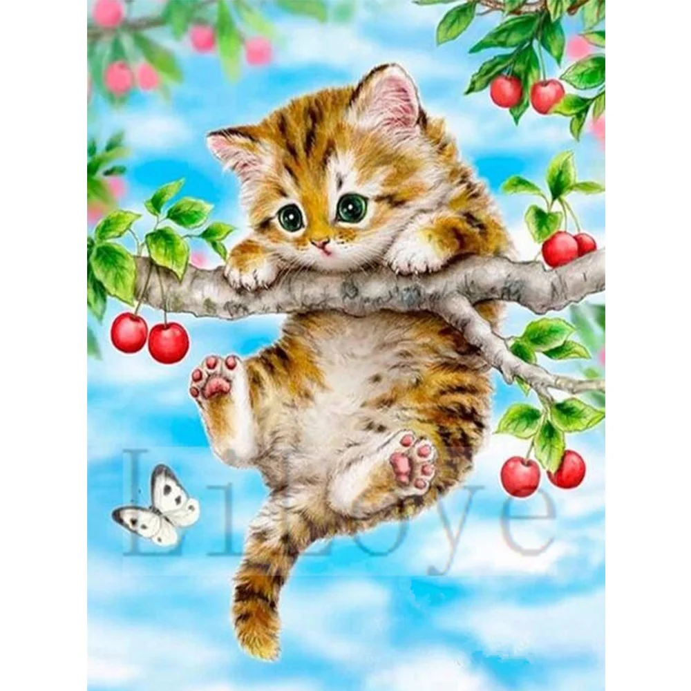 5D DIY Diamond Maľovanie Cross Stitch Cherry Plné Námestie Drahokamu Mozaiky Ikonu Diamond Výšivky Cat Home Decor Maľovanie FZ546