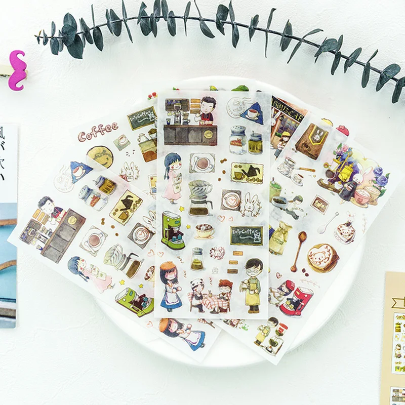 6 ks/veľa Roztomilý Kávy čas papierové nálepky package DIY denník dekorácie-nálepky album scrapbooking