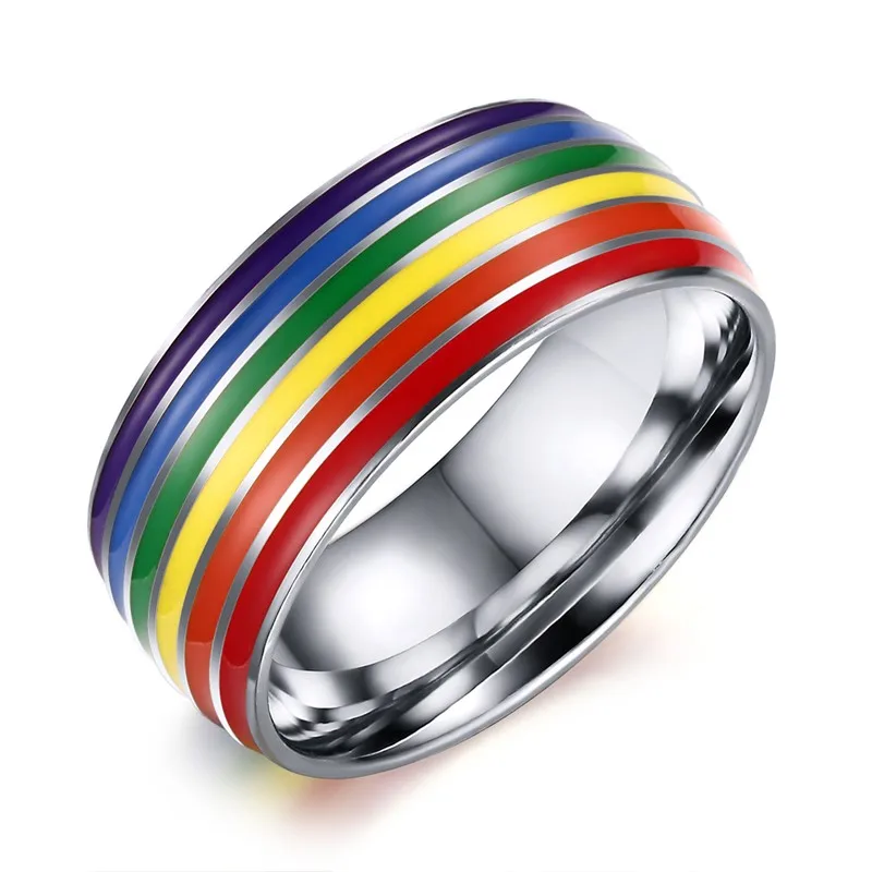 8mm Zlato z Nehrdzavejúcej Ocele Smalt Rainbow LGBT Pride Krúžok pre Lesbičiek Gay Svadobné Zapojenie Band