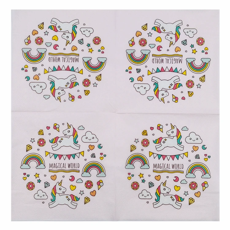 Deti obrúsky, papierové tkaniva decoupage tlač zvierat karikatúra roztomilý jednorožec vzor rainbow cake narodeninovej party domov hotel dekorácie