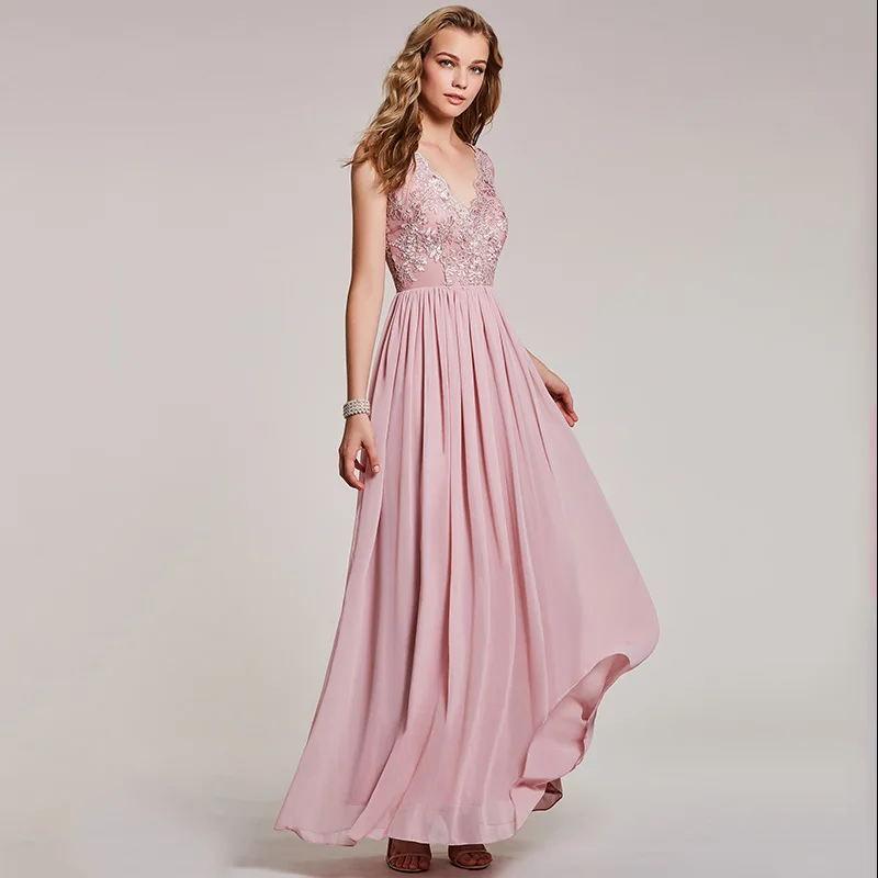 Dressv peal ružová dlhé večerné šaty lacné v krku čipky appliques riadok svadobné party formálne šifón šaty večerné šaty