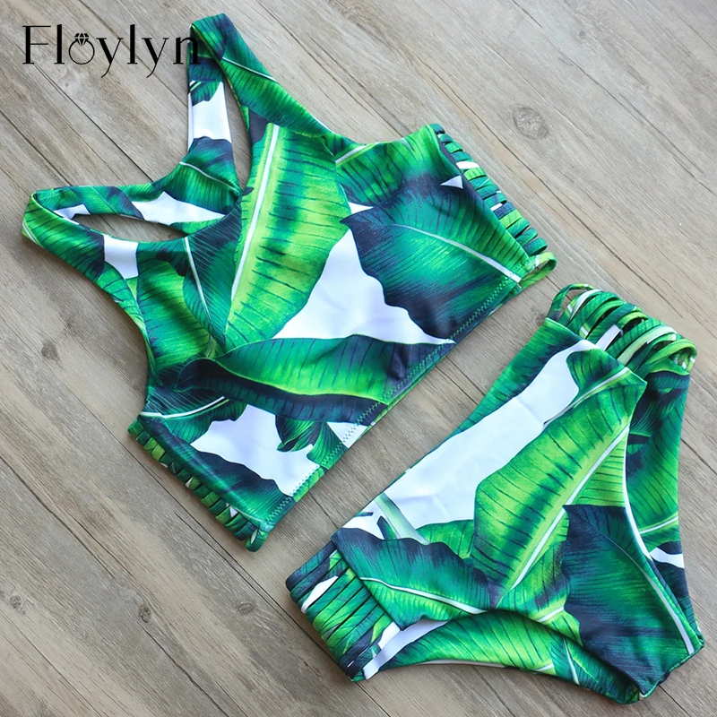 FLOYLYN 2017 Vysoká Krku Bikiny, Plavky, Zelenej Listovej Tlač Bikini Žien, Plavky Sexi Brazílske Bikini Set Žena Pláži Biquini
