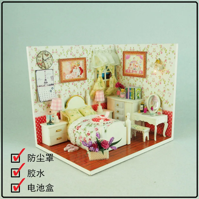 J008 Diy Drevené Miniatúrne Doll House, spálne, Nábytok, Hračky Miniatura Puzzle Model Ručné domček pre bábiky