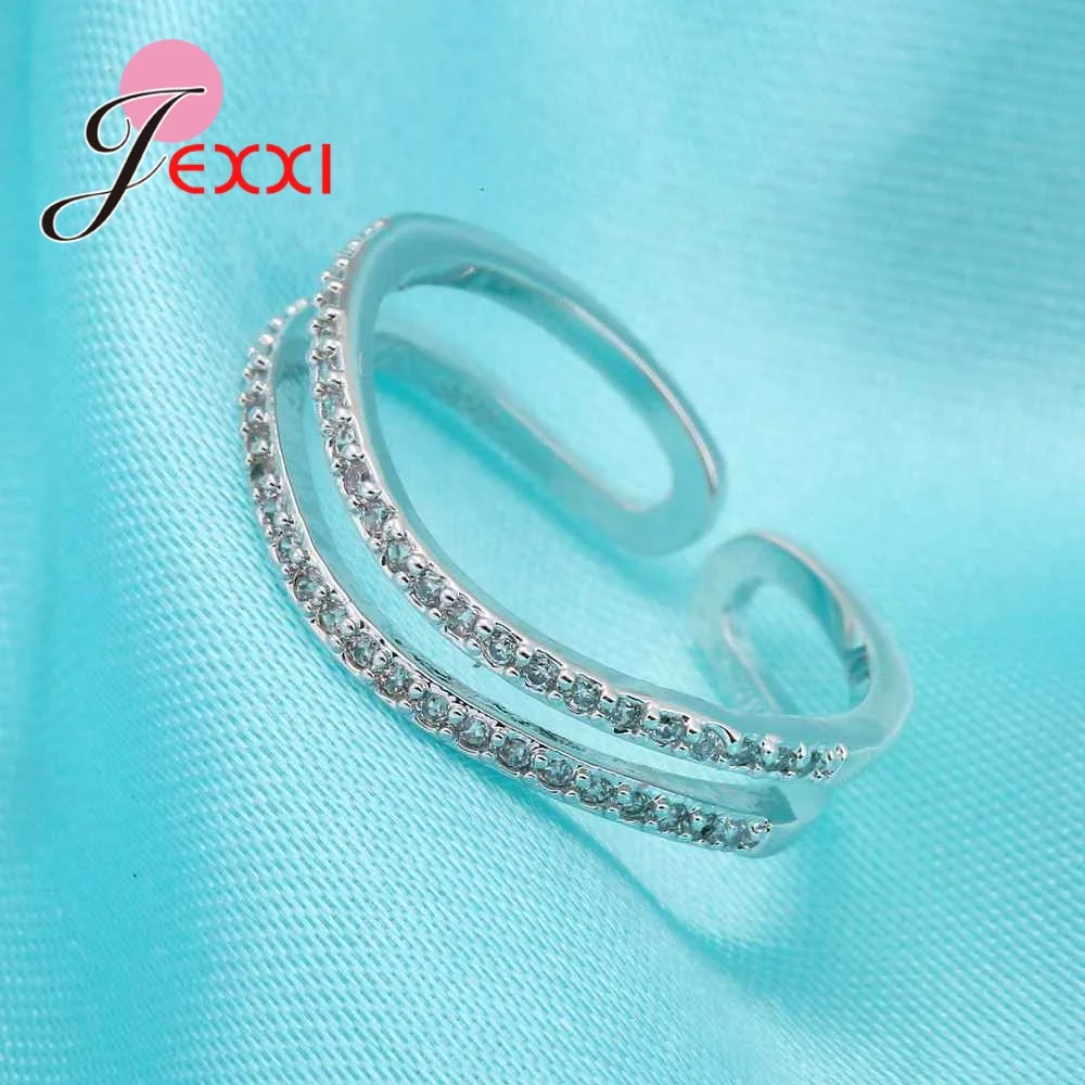 JEXXI 2018 najpredávanejšie 925 Sterling Silver Nastaviteľné Šperky Cubic Zirconia krúžok Double line Otvoriť Krúžok Kapely Svadobné Prstene