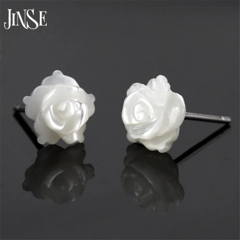 JINSE Prírodné Shell Bielej Ruže Kvet 925 Sterling Silver Stud Náušnice Pre Ženy, Dievča Mincový Striebro-Šperky Valentín