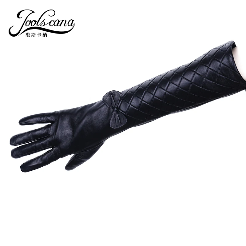 JOOLSCANA dlhé rukavice žena kožené rukavice zimné rukavice ženy talianskej pravej kože s bowknot a tartan dizajn 2017new