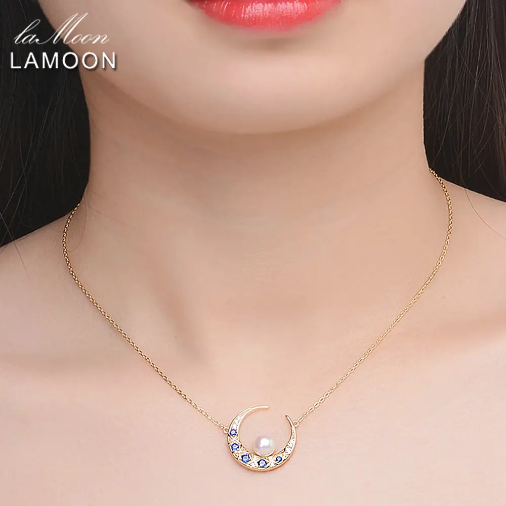 LAMOON 6,5 mm Prírodné Sladkovodné Perly Šperky 925 Sterling Silver Šperky Svetlo Žltá Zlatá Farba Prívesok Náhrdelník LMNI006