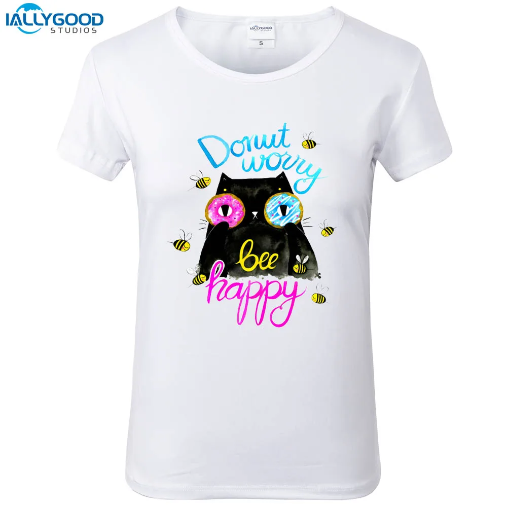 Letné Zábavné Black Cat Šišku Starať T-Shirt Ženy Roztomilý Hry Bee Happy List Printed Tee Mäkké Krátky Rukáv Biele Ženy Topy S1533