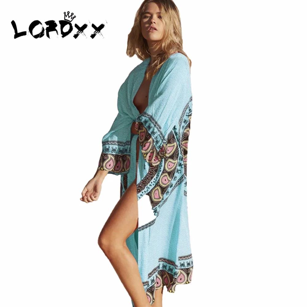 LORDXX Plážové šaty Žien 2018 Nové Letné Aqua Mandala Long Beach Kimono Batwing rukáv Elegantné Tlačiť Bežné cardigan šaty