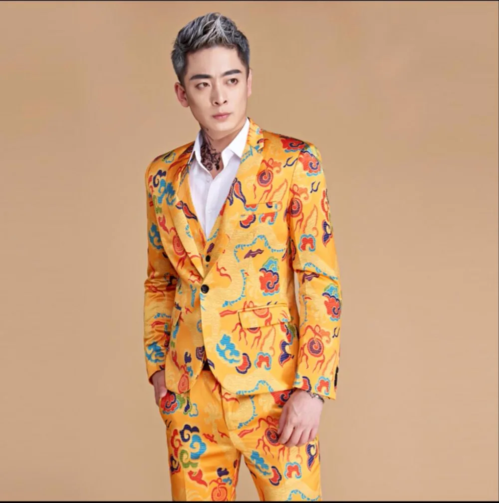 M-3XL Nové Mužov tlač vyhovuje zlatožlté čínsky drak slim oblek šaty nočný klub spevák Výkon kostým hairstylist oblečenie