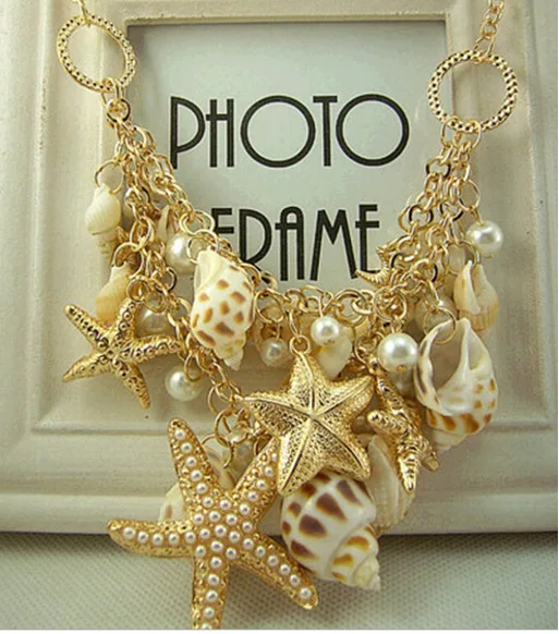 Módnych značiek populárne pláže trblietavé hviezdice Módne šperky imitácia perly šperky shell náhrdelník šperky veľkoobchod