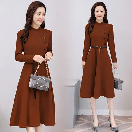 Na jar a na Jeseň Žien nový kórejský verzia dlho časť vysoký pás šaty temperament dlhým rukávom A-tvarované šaty