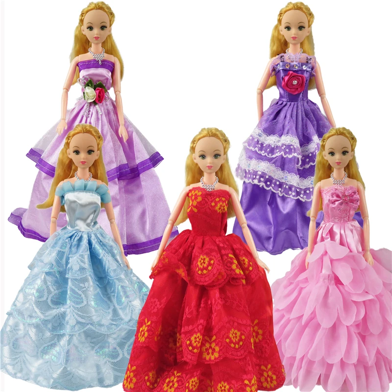 Náhodné 5 Ks Bábika Barbie Šaty Svadobné Šaty Princezná Šaty+5 Ks Módne Plastové Náhrdelník Oblečenie Pre Bábiky Barbie Girl Darček