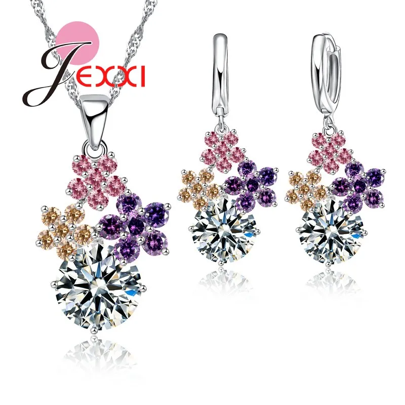 PATICO Elegantný 3 Farebné Crystal Kvetinové Svadobné Svadobné Šperky Set Pre Ženy S 925 Strieborný Náhrdelník+Náušnice, Sety