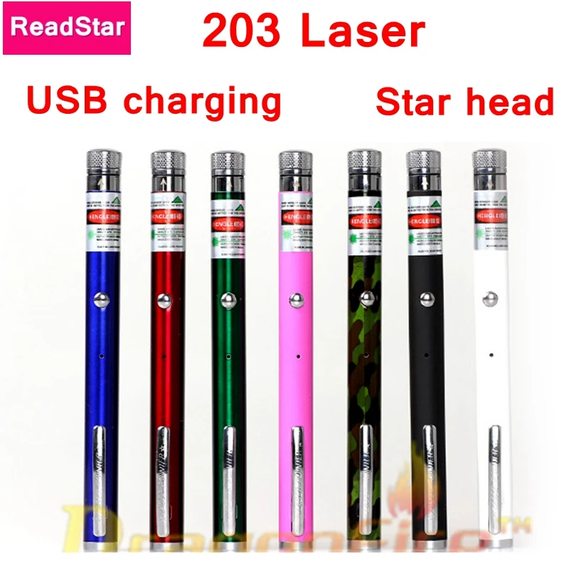 ReadStar 203 USB nabíjanie Lase pero w/Hviezda vzor 2018 nový štýl nabíjateľná laserové ukazovátko Red & Green laser 7 farieb Tela