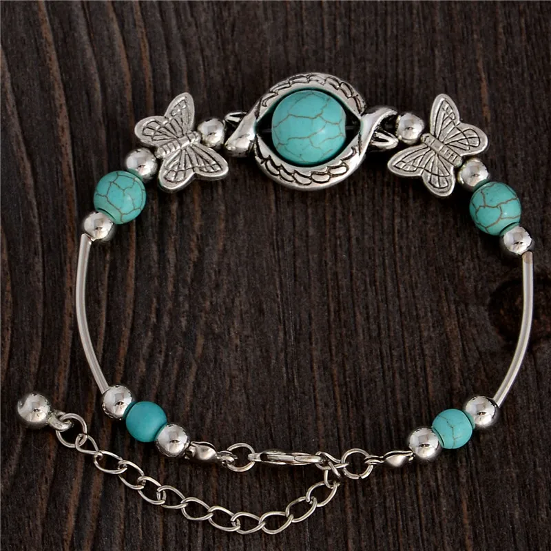 SHUANGR Bohemia Modrá Prírodného Kameňa Korálky Náramok Vintage Šperky, strieborné farba Motýľ Kúzlo Náramky&Prívesky pre ženy