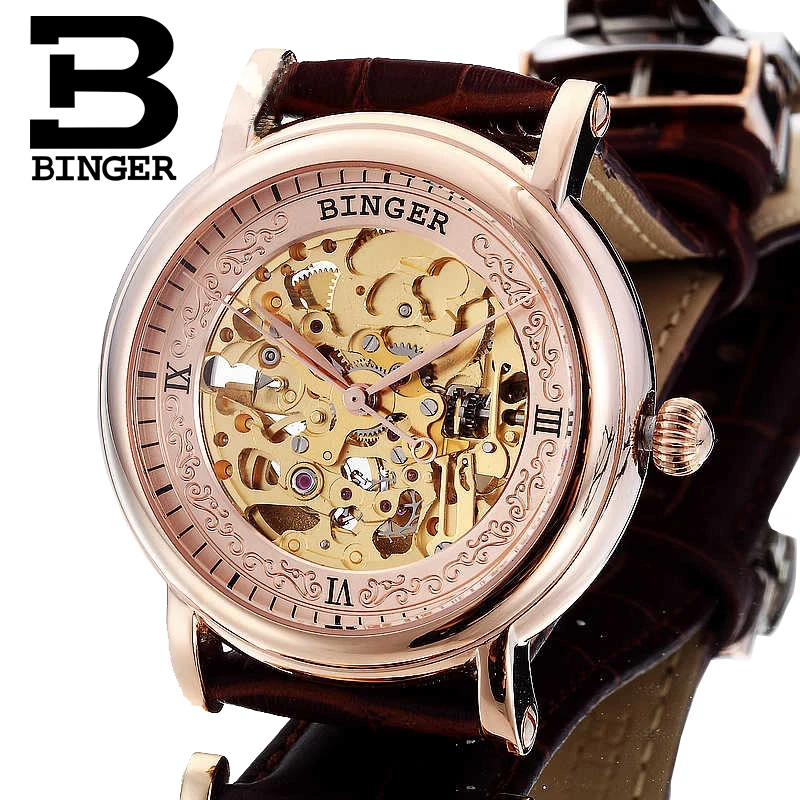 Skutočné Švajčiarsko BINGER Značky Mužov self-vietor automatické mechanické sapphire kožený remienok hodiniek 18K Elektrolytické Zlatej kotliny