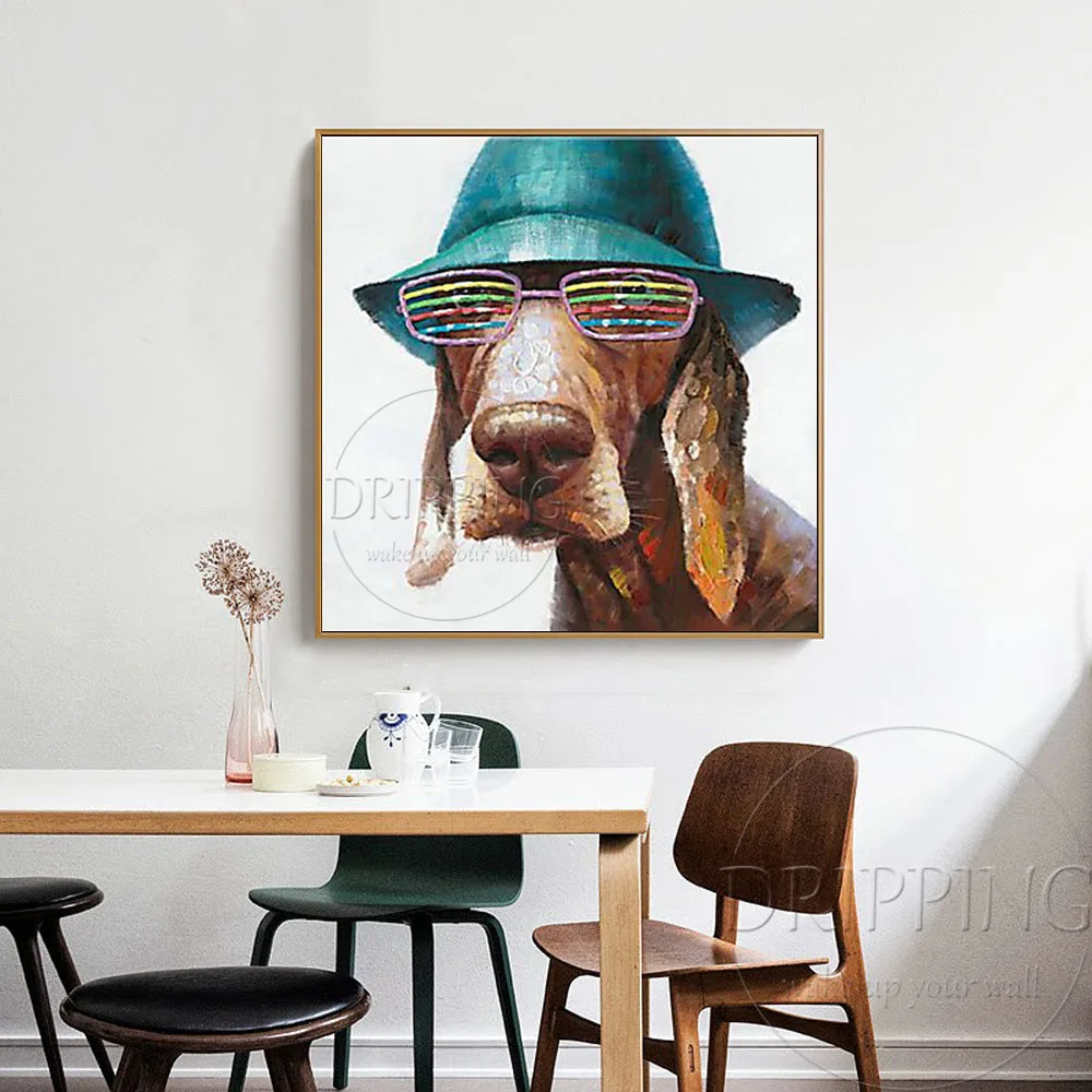 Umelec Dizajn Zábavné Pes s Klobúk a Farebné Okuliare, olejomaľba na Plátne, Ručne maľované Moderného Umenia Zábavné Psa olejomaľba