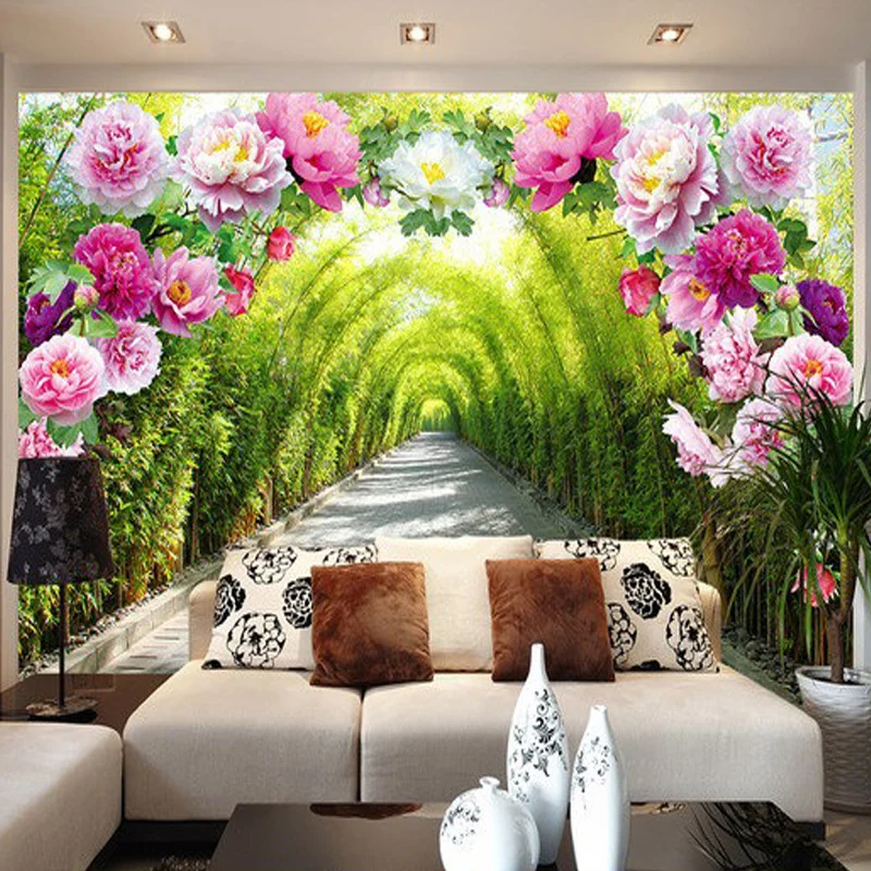 Vlastné 3D nástennú maľbu, Tapety Obývacie Spálne, Gauč Tapetu Pozadia Záhrade Kvety, Kvet Dvere Galéria Rozšíriť Priestor Tapety
