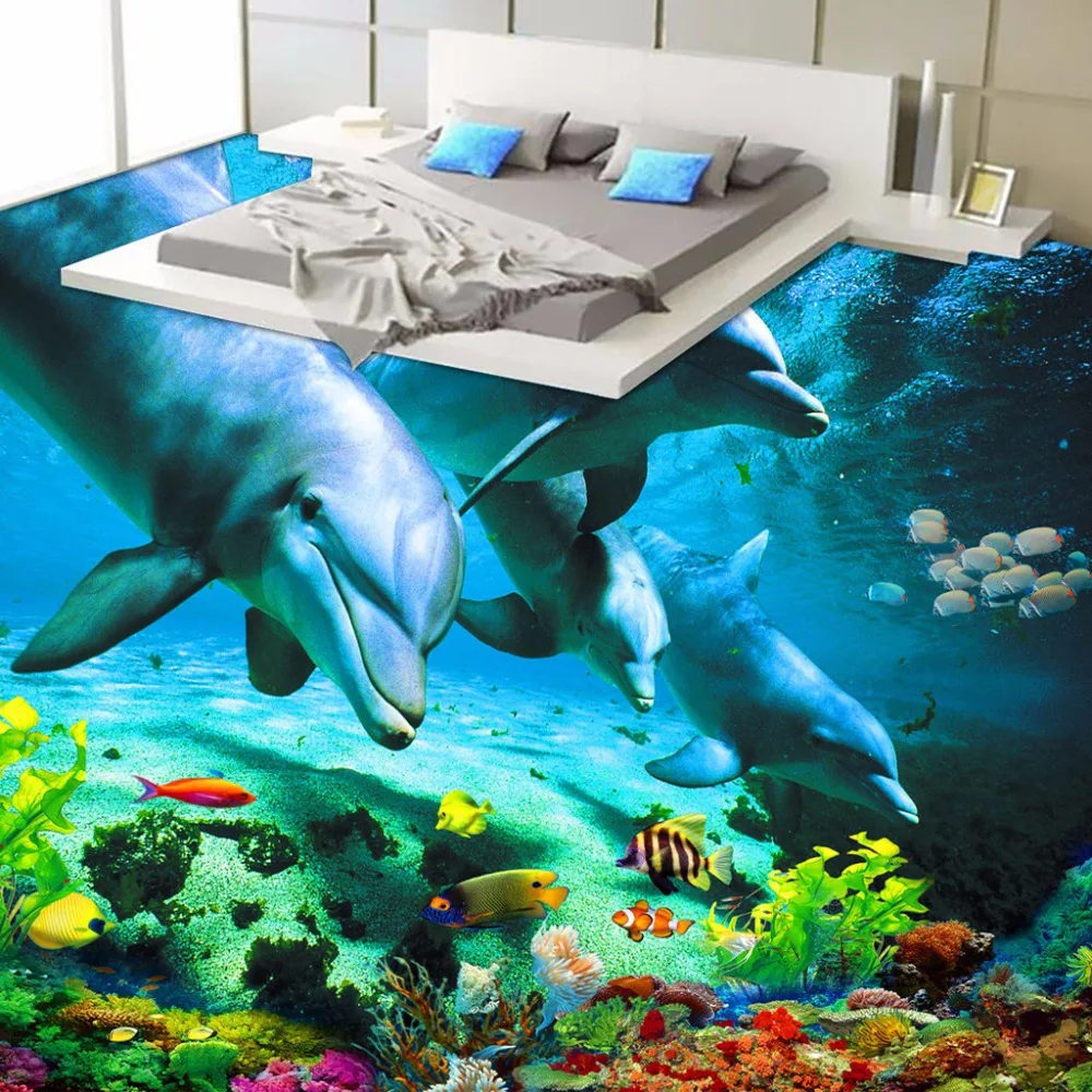 Vlastné 3D Poschodí Nálepky Ocean World Dolphin Toalety, Kúpeľne, Spálne, Vinylové Podlahy nástenná maľba Nepremokavé PVC Tapety Maľby Moderné