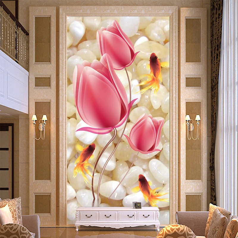 Vysoko Kvalitné Hlboké Štruktúry Úľavu 3D Maľby Ružové Kvety Kamienkové Rybka Foto Tapety Hotel Obývacej Izby Vstup Pozadí na Stenu