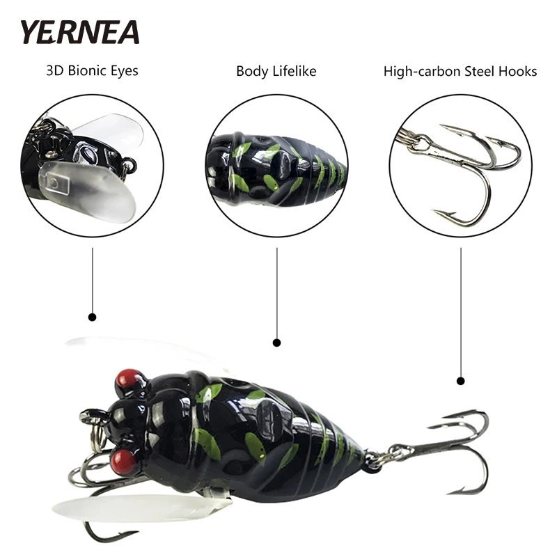 Yernea 4pcs/Veľa 4 Farby Rybárske Nástrahy Hmyz Cikád Bionic Cesty, Prístavy, Rybárske Náčinie, 3D Oči Wobblers Umelé Návnady