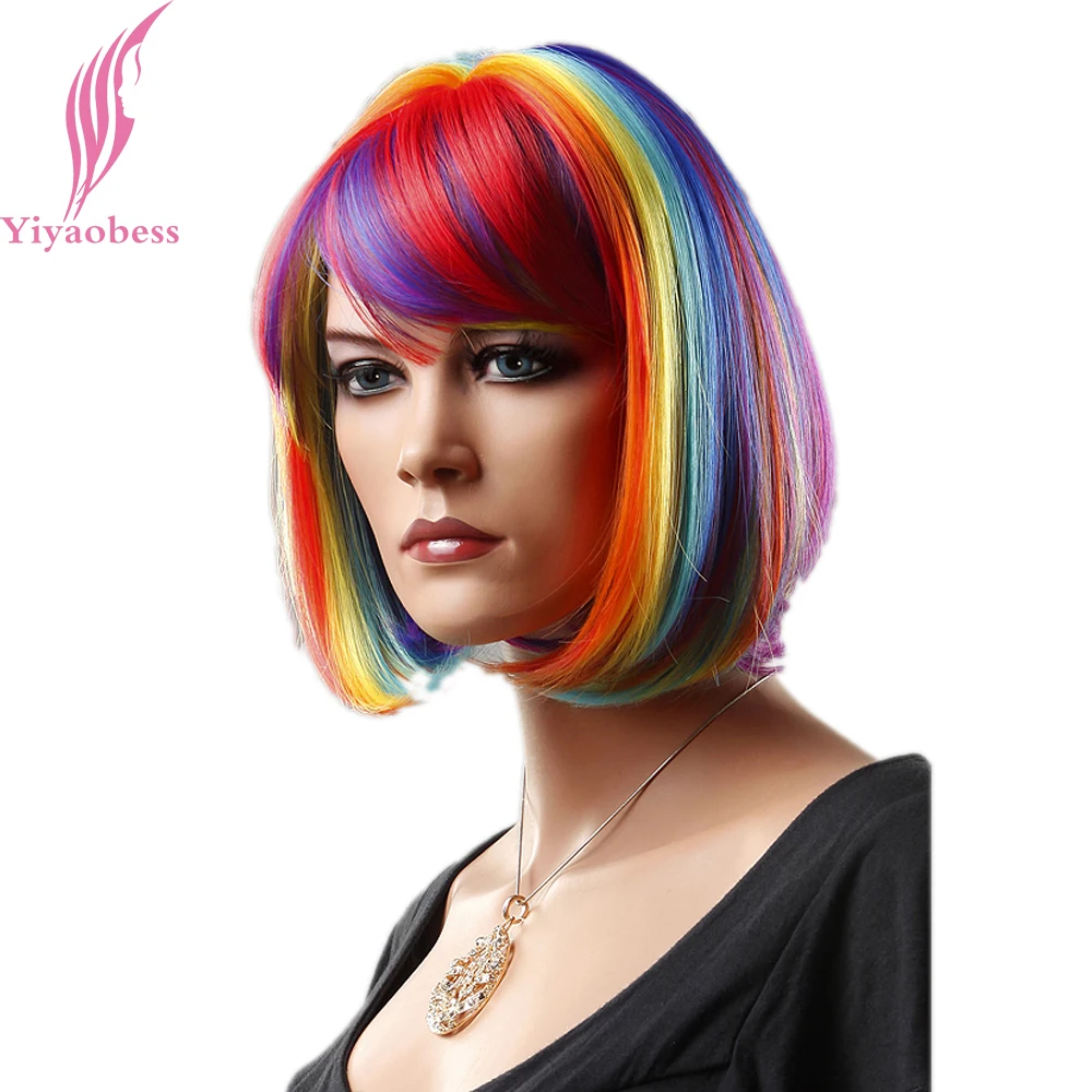 Yiyaobess 12inch Syntetické Vlasy Rainbow Krátke Parochne Pre Ženy Farebné Bob Cosplay Parochňa S Ofinou