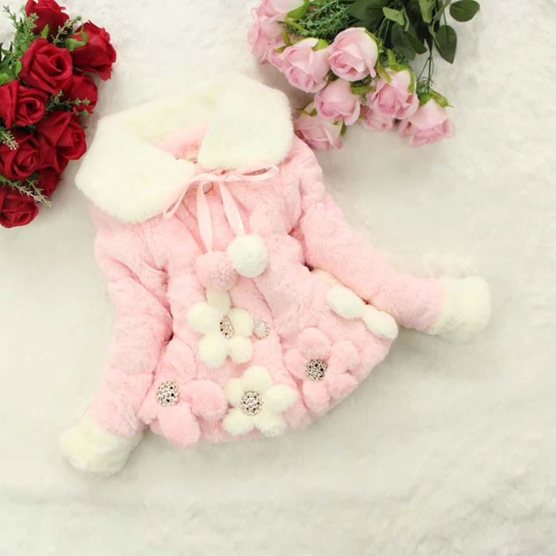 Zimné Dieťa Dievča, Faux Kožušiny Obloženie Kabát Deti Kvet Zahustiť Teplá Bunda Vianoce Sprievod Strany Snowsuit Outwear 1-5Y Bebe Oblečenie