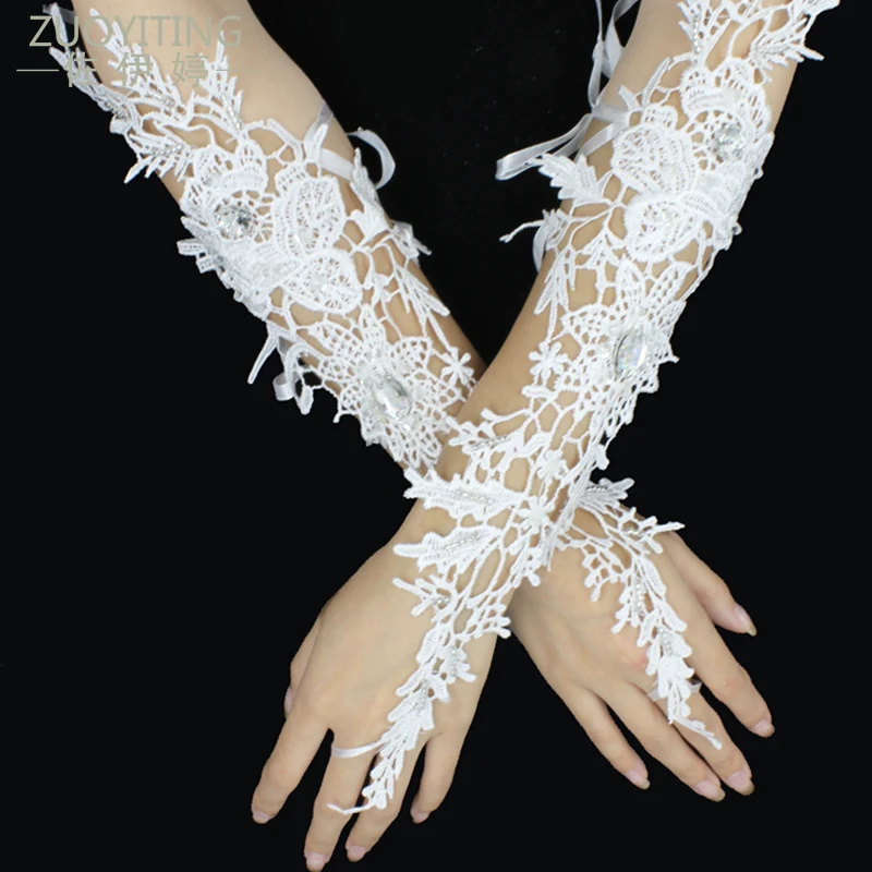ZUOYITING Nové Luxusné Biele Čipky Princezná Svadobné Rukavice S korálkami bezprstové Módne Žena Dlho Dizajn Svadobné Šaty Rukavice