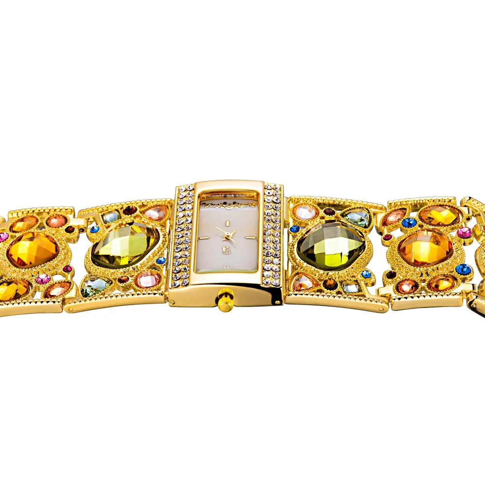 Úžasné dámske Zlatý Náramok Elegantné Hodinky s Multi Color Diamond Dekorácie, zlatá analógový duté rytie ženy hodinky