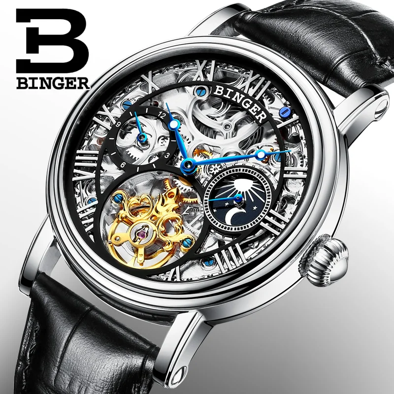 Švajčiarsko BINGER hodinky mužov luxusné značky Tourbillon Relogio Masculino vode odolné Mechanické náramkové hodinky B-1171-3