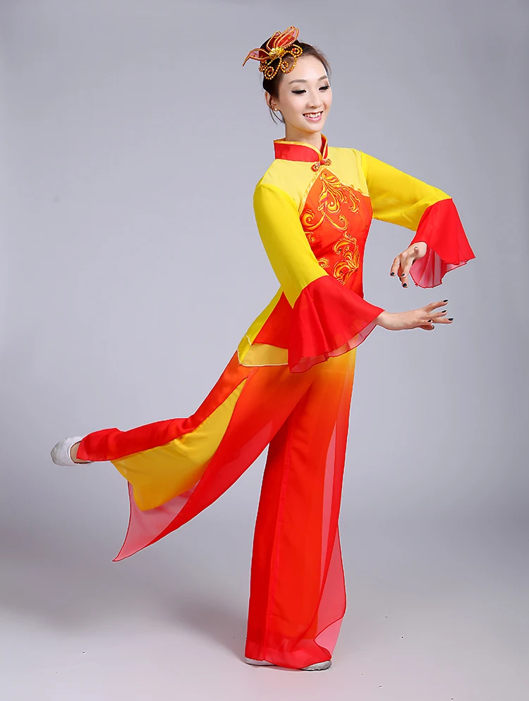 Žltá/červená Tradičný Čínsky Tanec Vlastné Čínske Ľudové Tanečné Oblečenie Moderné Klasická Yangko Tanečný Kostým Ventilátor