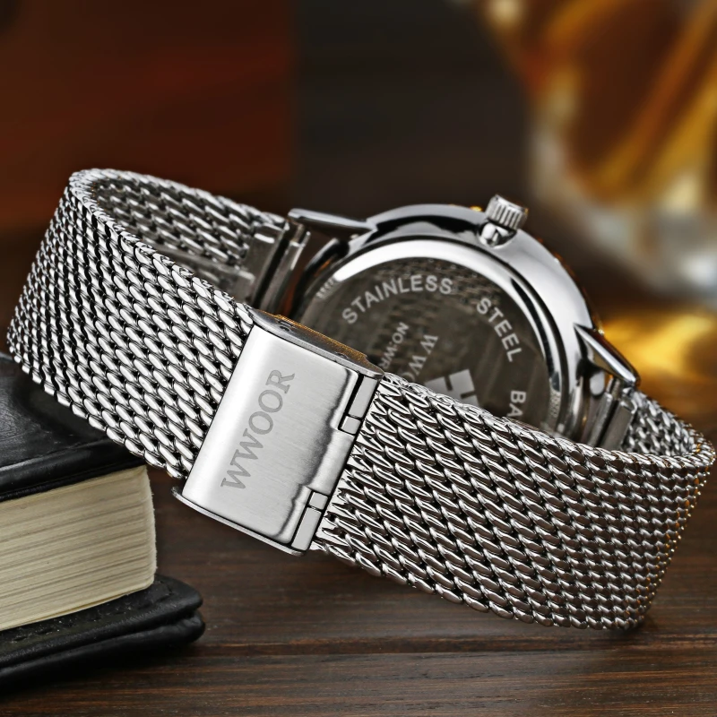2016 Nové Luxusné Značky WWOOR Quartz Hodinky Bežné Mužov Black Japan Quartz-hodinky z Nerezovej Ocele Oka Popruh Ultra Tenké Muž Hodiny