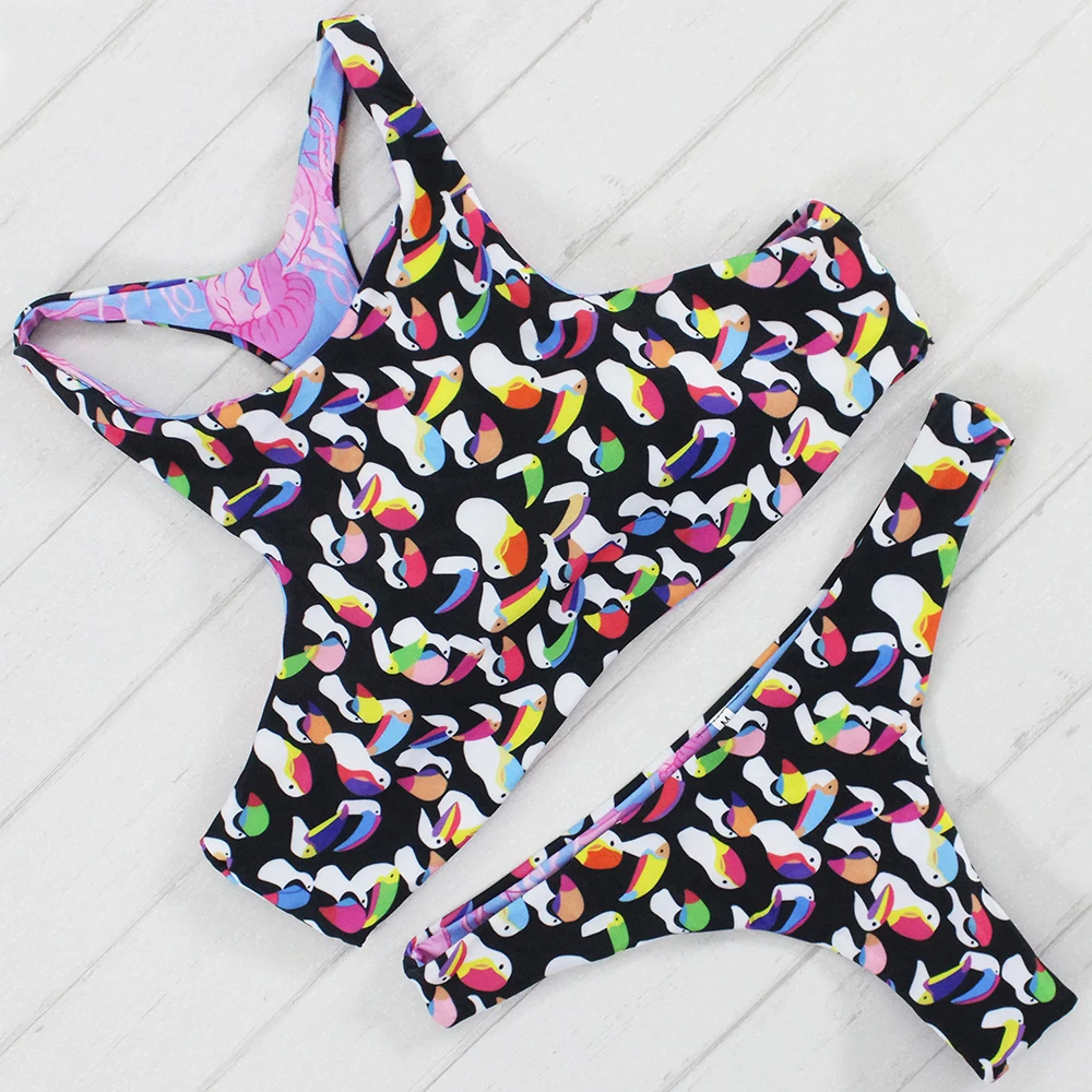 2017 Nové Sexy Low-pás Bikiny, Plavky Dva Obojstranné Plavky Kvetinový Maľovanie Bikini dvoch Strán Nosenie Čalúnená Pláži Plavky