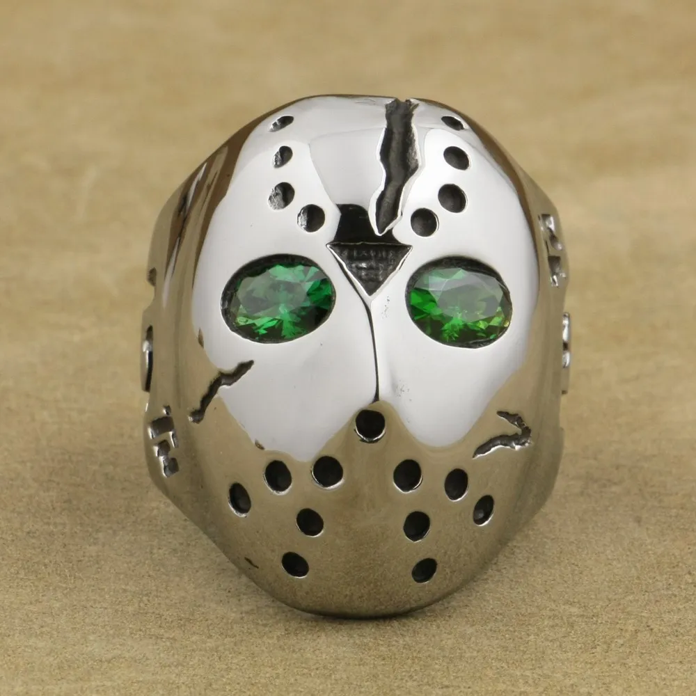 316L Nerezovej Ocele Halloween Jason Maska Hokej Zelený CZ Oči Mens Krúžok 3F201A